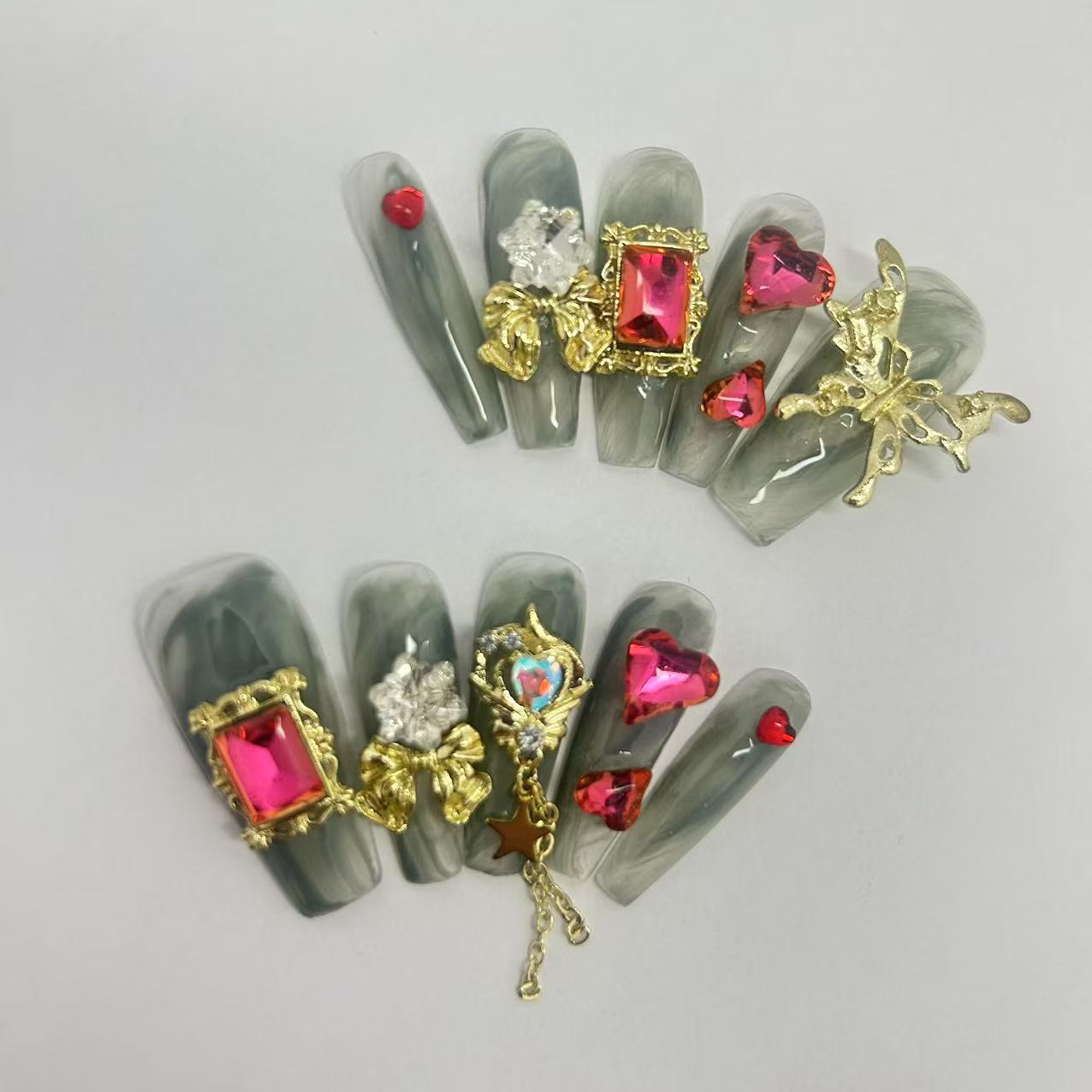 Rose Diamond Double Heart with Golden Butterfly and Star Chains