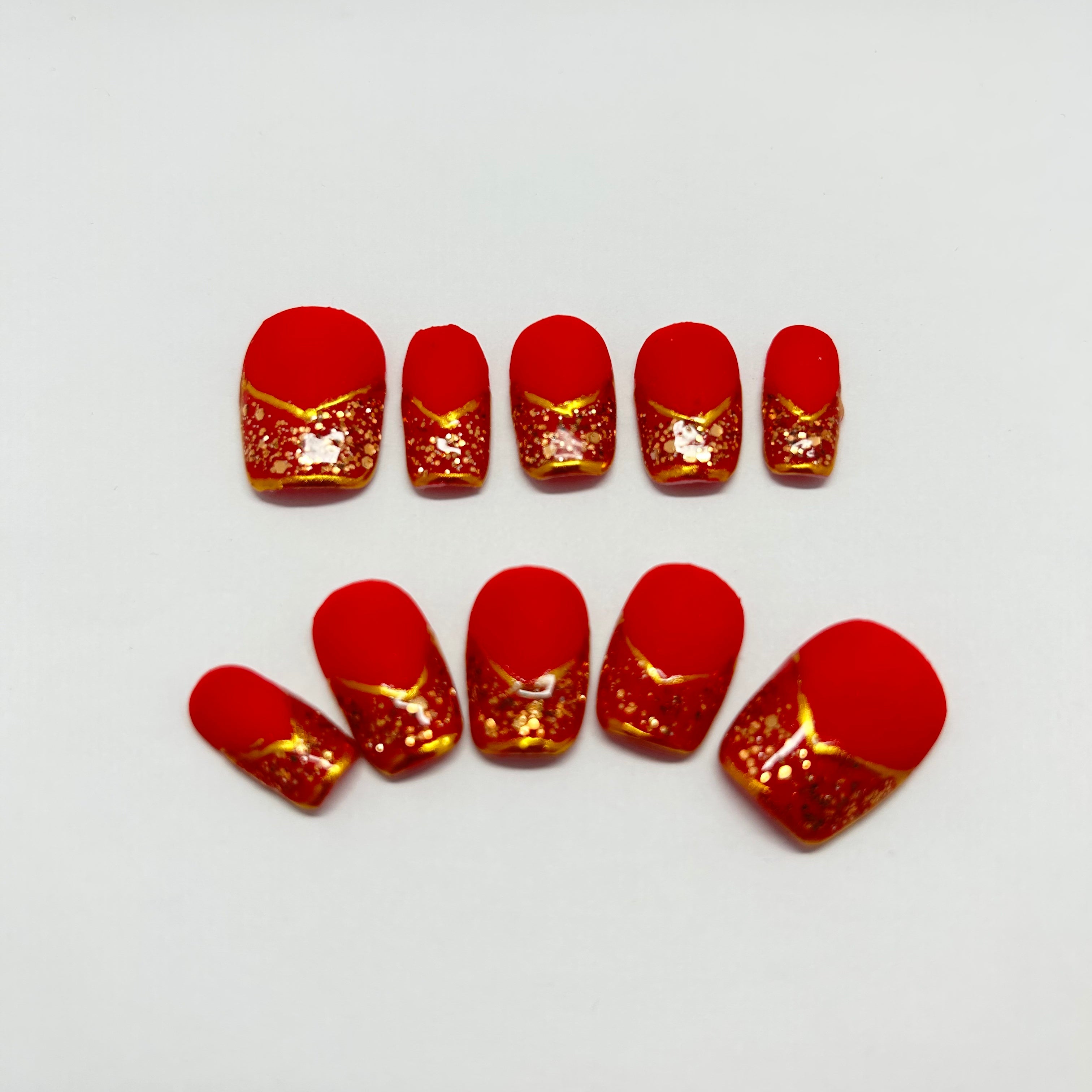 Chinese Red with Golden Glitters French Tip