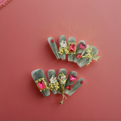 Rose Diamond Double Heart with Golden Butterfly and Star Chains