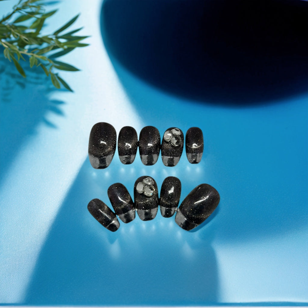 Elegant Dark Glitter Sky with Silver French Tip