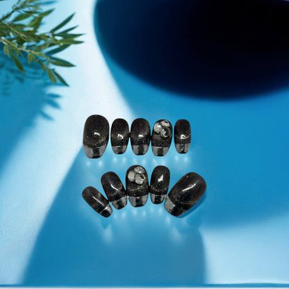 Elegant Dark Glitter Sky with Silver French Tip