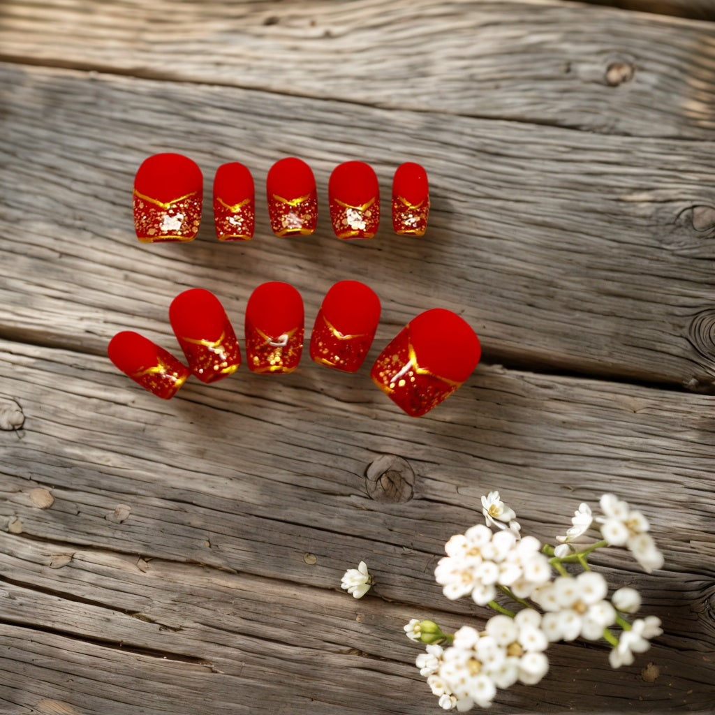Chinese Red with Golden Glitters French Tip