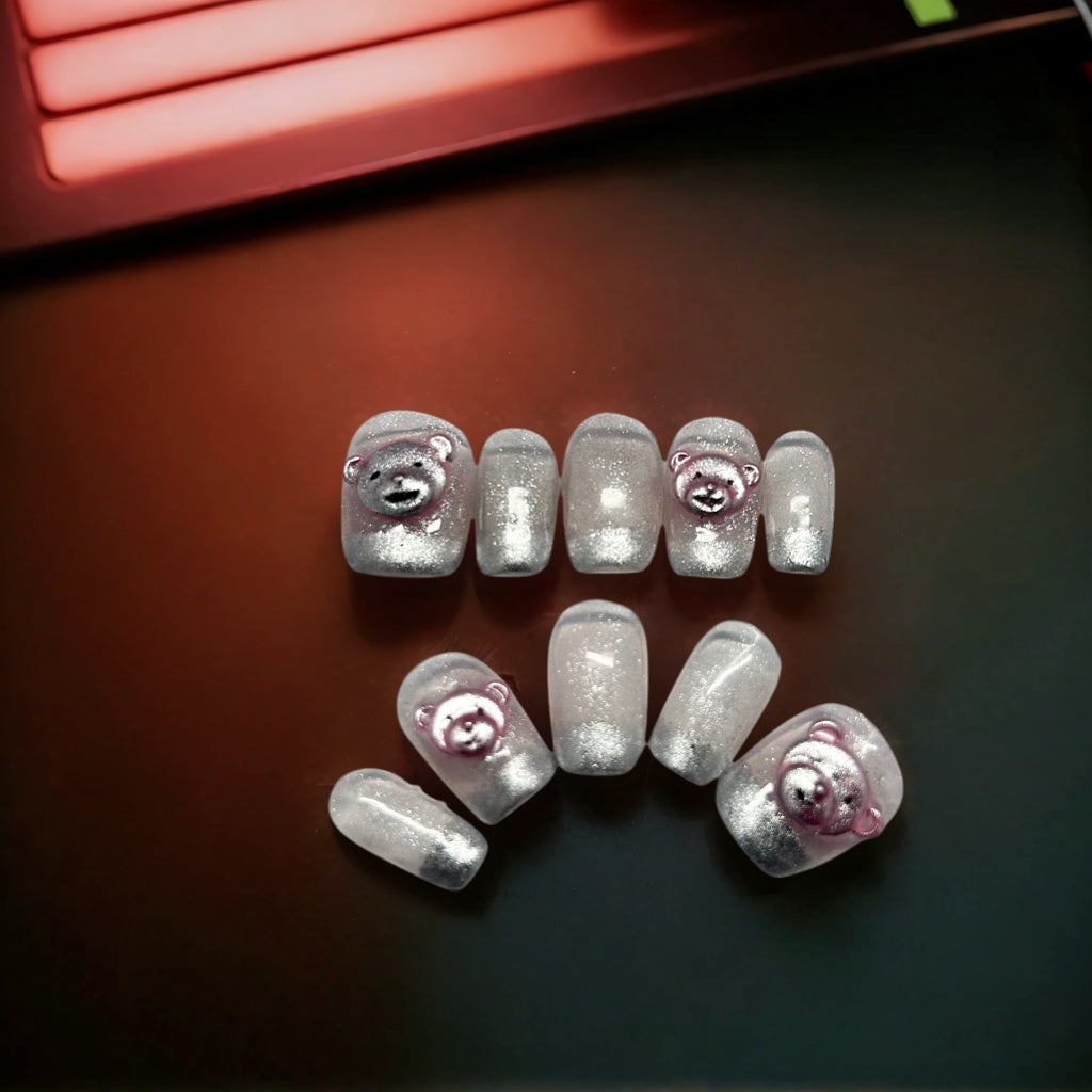 Silver French Tip with Pinky Bear