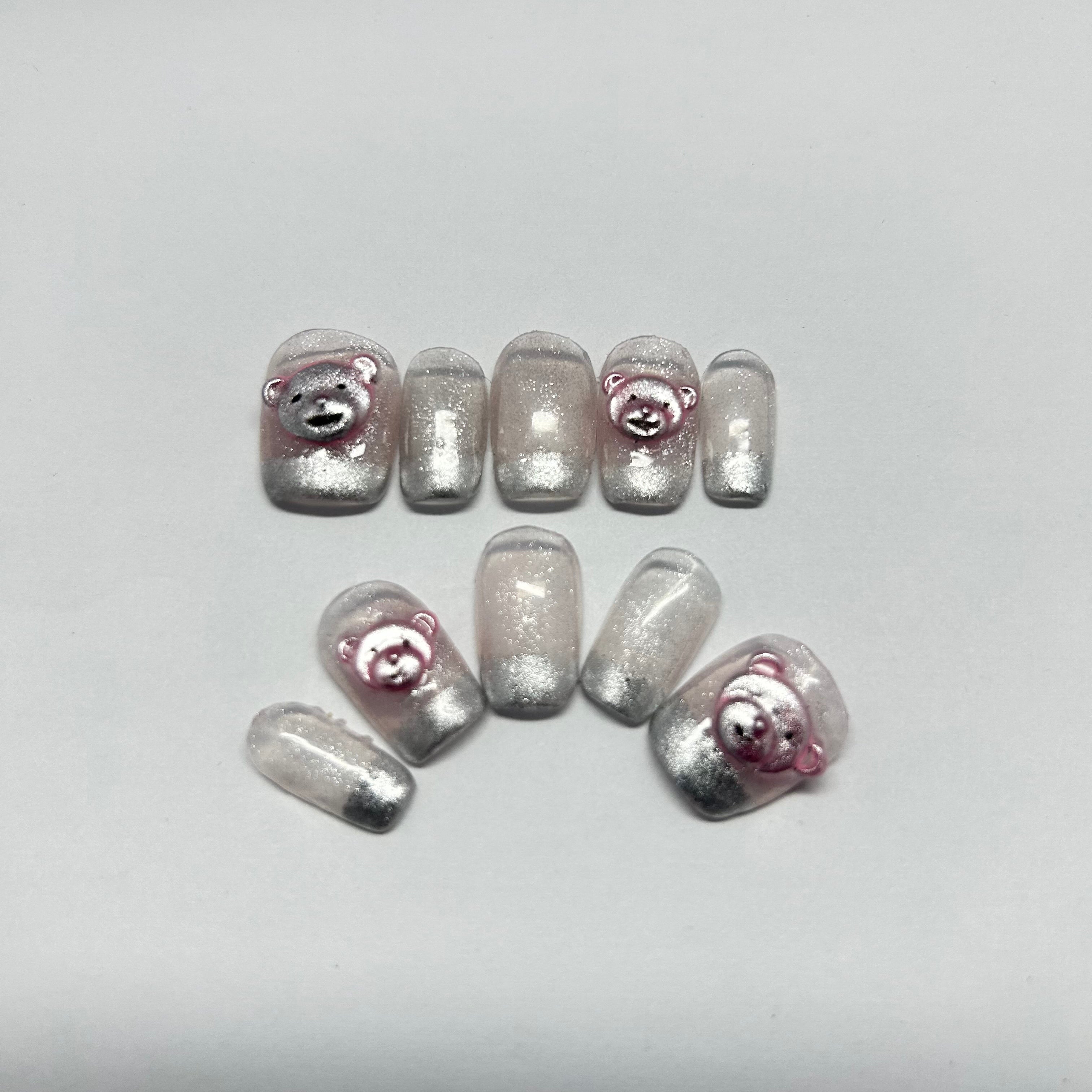 Silver French Tip with Pinky Bear