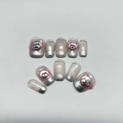 Silver French Tip with Pinky Bear