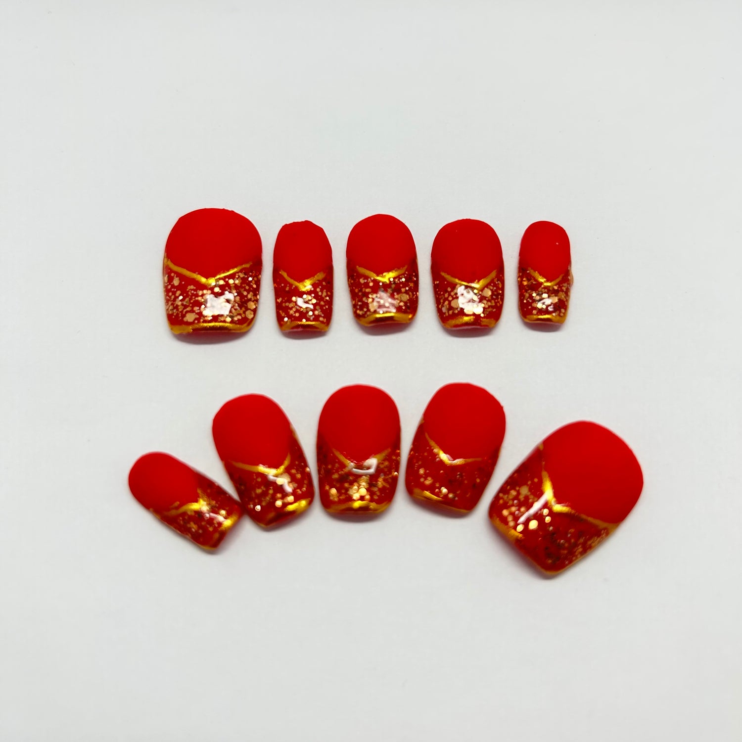 Chinese Red with Golden Glitters French Tip