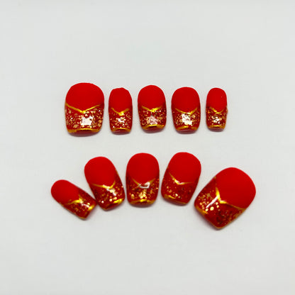 Chinese Red with Golden Glitters French Tip