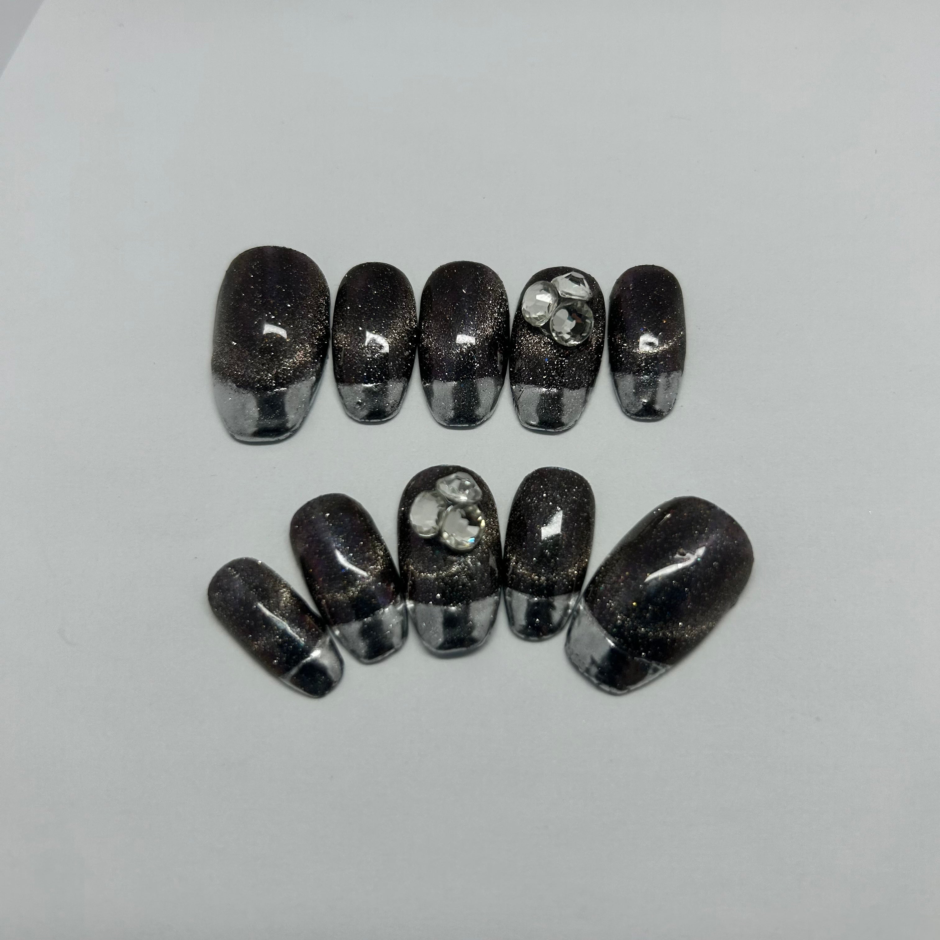 Elegant Dark Glitter Sky with Silver French Tip