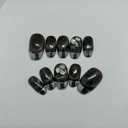 Elegant Dark Glitter Sky with Silver French Tip