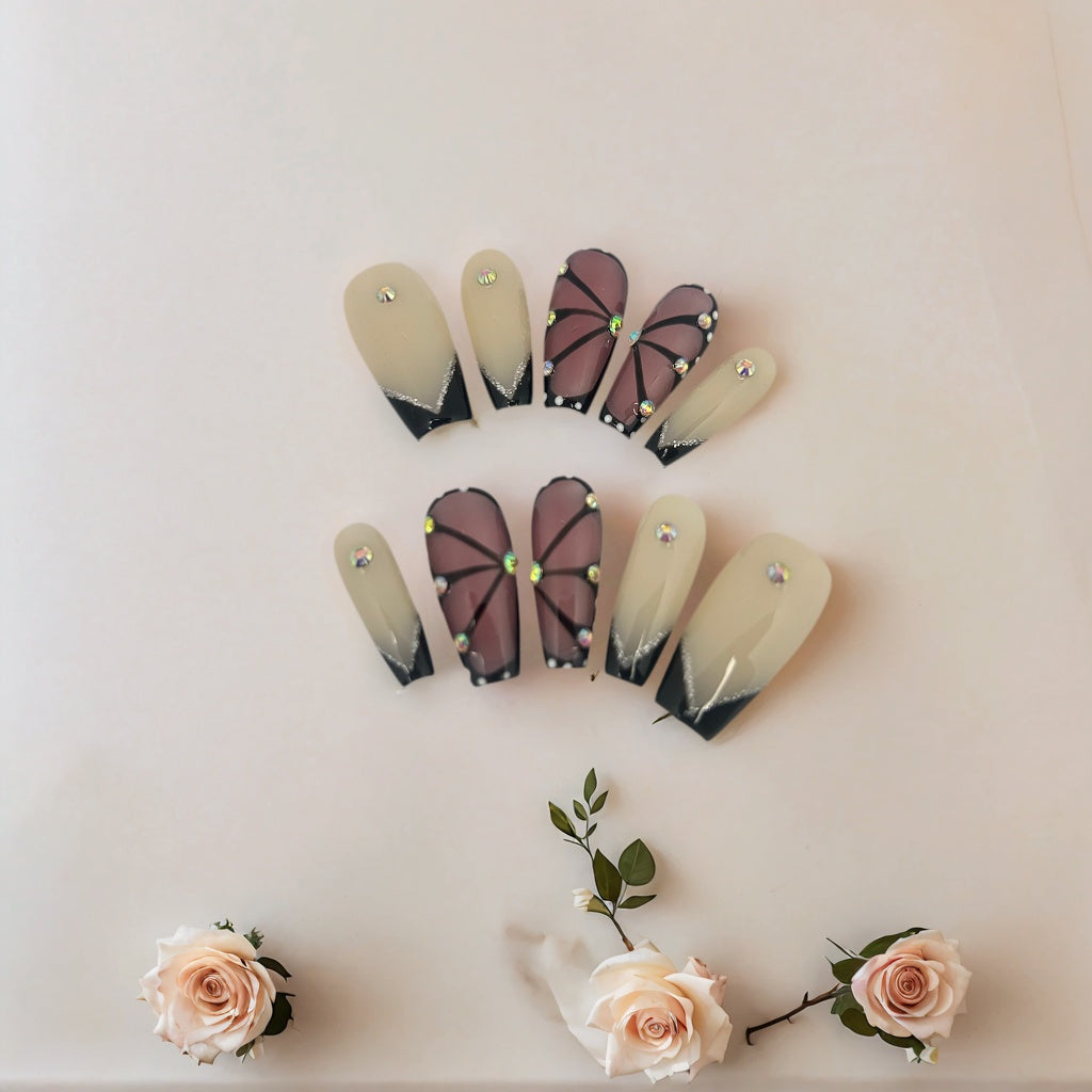 Pink butterfly and black French tip